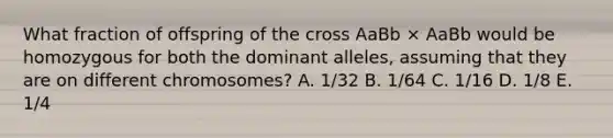 What fraction of offspring of the cross AaBb × AaBb would be homozygous for both the dominant alleles, assuming that they are on different chromosomes? A. 1/32 B. 1/64 C. 1/16 D. 1/8 E. 1/4