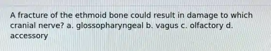 A fracture of the ethmoid bone could result in damage to which cranial nerve? a. glossopharyngeal b. vagus c. olfactory d. accessory