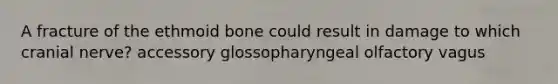 A fracture of the ethmoid bone could result in damage to which cranial nerve? accessory glossopharyngeal olfactory vagus