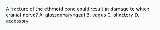 A fracture of the ethmoid bone could result in damage to which cranial nerve? A. glossopharyngeal B. vagus C. olfactory D. accessory