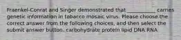 Fraenkel-Conrat and Singer demonstrated that ___________ carries genetic information in tobacco mosaic virus. Please choose the correct answer from the following choices, and then select the submit answer button. carbohydrate protein lipid DNA RNA