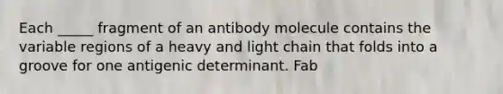 Each _____ fragment of an antibody molecule contains the variable regions of a heavy and light chain that folds into a groove for one antigenic determinant. Fab