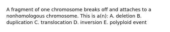 A fragment of one chromosome breaks off and attaches to a nonhomologous chromosome. This is a(n): A. deletion B. duplication C. translocation D. inversion E. polyploid event