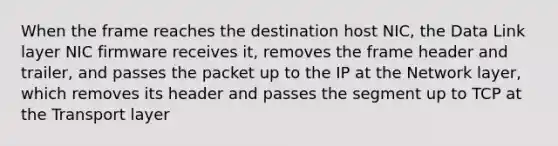 When the frame reaches the destination host NIC, the Data Link layer NIC firmware receives it, removes the frame header and trailer, and passes the packet up to the IP at the Network layer, which removes its header and passes the segment up to TCP at the Transport layer