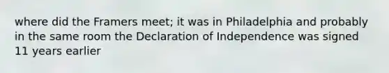 where did the Framers meet; it was in Philadelphia and probably in the same room the Declaration of Independence was signed 11 years earlier