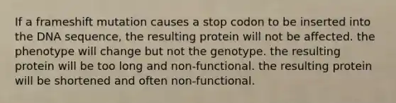 If a frameshift mutation causes a stop codon to be inserted into the DNA sequence, the resulting protein will not be affected. the phenotype will change but not the genotype. the resulting protein will be too long and non-functional. the resulting protein will be shortened and often non-functional.