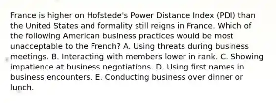 France is higher on Hofstede's Power Distance Index (PDI) than the United States and formality still reigns in France. Which of the following American business practices would be most unacceptable to the French? A. Using threats during business meetings. B. Interacting with members lower in rank. C. Showing impatience at business negotiations. D. Using first names in business encounters. E. Conducting business over dinner or lunch.