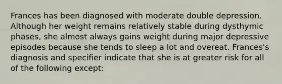 Frances has been diagnosed with moderate double depression. Although her weight remains relatively stable during dysthymic phases, she almost always gains weight during major depressive episodes because she tends to sleep a lot and overeat. Frances's diagnosis and specifier indicate that she is at greater risk for all of the following except: