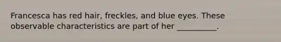 Francesca has red hair, freckles, and blue eyes. These observable characteristics are part of her __________.
