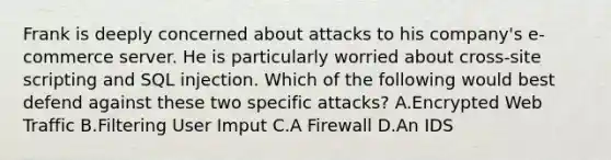 Frank is deeply concerned about attacks to his company's e-commerce server. He is particularly worried about cross-site scripting and SQL injection. Which of the following would best defend against these two specific attacks? A.Encrypted Web Traffic B.Filtering User Imput C.A Firewall D.An IDS