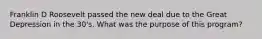 Franklin D Roosevelt passed the new deal due to the Great Depression in the 30's. What was the purpose of this program?