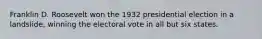 Franklin D. Roosevelt won the 1932 presidential election in a landslide, winning the electoral vote in all but six states.