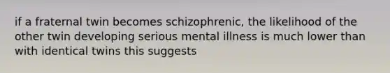 if a fraternal twin becomes schizophrenic, the likelihood of the other twin developing serious mental illness is much lower than with identical twins this suggests