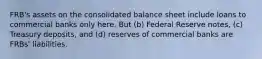 FRB's assets on the consolidated balance sheet include loans to commercial banks only here. But (b) Federal Reserve notes, (c) Treasury deposits, and (d) reserves of commercial banks are FRBs' liabilities.