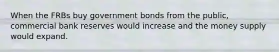 When the FRBs buy government bonds from the public, commercial bank reserves would increase and the money supply would expand.