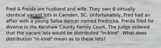 Fred & Freida are husband and wife. They own 6 virtually identical vacant lots in Camden, SC. Unfortunately, Fred had an affair with a young Salsa dancer named Fredricka. Freida filed for divorce in the Kershaw County Family Court. The Judge ordered that the vacant lots would be distributed "in-kind". What does distribution "in-kind" mean as to these lots?