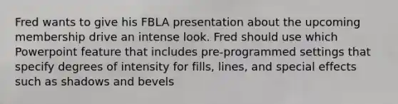 Fred wants to give his FBLA presentation about the upcoming membership drive an intense look. Fred should use which Powerpoint feature that includes pre-programmed settings that specify degrees of intensity for fills, lines, and special effects such as shadows and bevels