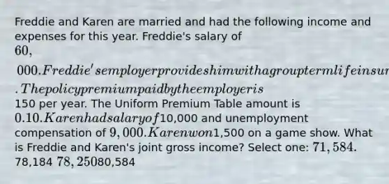 Freddie and Karen are married and had the following income and expenses for this year. Freddie's salary of 60,000. Freddie's employer provides him with a group term life insurance policy for 2 times his salary. The policy premium paid by the employer is150 per year. The Uniform Premium Table amount is 0.10. Karen had salary of10,000 and unemployment compensation of 9,000. Karen won1,500 on a game show. What is Freddie and Karen's joint gross income? Select one: 71,584.78,184 78,25080,584