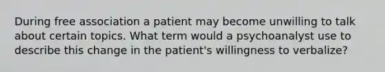 During free association a patient may become unwilling to talk about certain topics. What term would a psychoanalyst use to describe this change in the patient's willingness to verbalize?