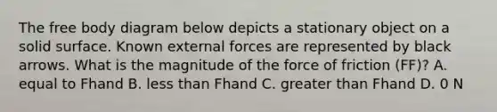 The free body diagram below depicts a stationary object on a solid surface. Known external forces are represented by black arrows. What is the magnitude of the force of friction (FF)? A. equal to Fhand B. less than Fhand C. greater than Fhand D. 0 N