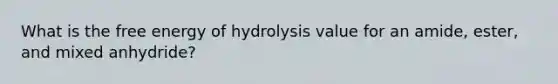 What is the free energy of hydrolysis value for an amide, ester, and mixed anhydride?