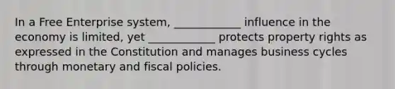 In a Free Enterprise system, ____________ influence in the economy is limited, yet ____________ protects property rights as expressed in the Constitution and manages business cycles through monetary and fiscal policies.