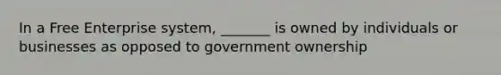 In a Free Enterprise system, _______ is owned by individuals or businesses as opposed to government ownership