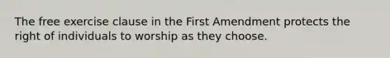 The free exercise clause in the First Amendment protects the right of individuals to worship as they choose.