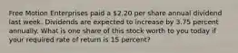 Free Motion Enterprises paid a 2.20 per share annual dividend last week. Dividends are expected to increase by 3.75 percent annually. What is one share of this stock worth to you today if your required rate of return is 15 percent?