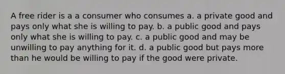 A free rider is a a consumer who consumes a. a private good and pays only what she is willing to pay. b. a public good and pays only what she is willing to pay. c. a public good and may be unwilling to pay anything for it. d. a public good but pays <a href='https://www.questionai.com/knowledge/keWHlEPx42-more-than' class='anchor-knowledge'>more than</a> he would be willing to pay if the good were private.