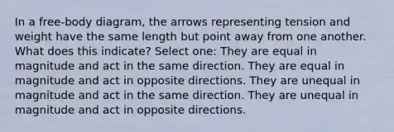 In a free-body diagram, the arrows representing tension and weight have the same length but point away from one another. What does this indicate? Select one: They are equal in magnitude and act in the same direction. They are equal in magnitude and act in opposite directions. They are unequal in magnitude and act in the same direction. They are unequal in magnitude and act in opposite directions.