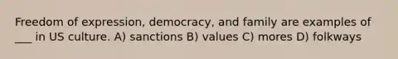 Freedom of expression, democracy, and family are examples of ___ in US culture. A) sanctions B) values C) mores D) folkways