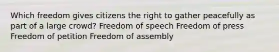 Which freedom gives citizens the right to gather peacefully as part of a large crowd? Freedom of speech Freedom of press Freedom of petition Freedom of assembly