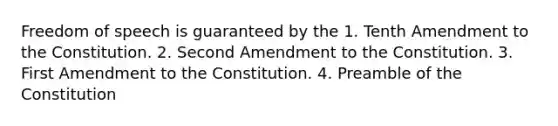 Freedom of speech is guaranteed by the 1. Tenth Amendment to the Constitution. 2. Second Amendment to the Constitution. 3. First Amendment to the Constitution. 4. Preamble of the Constitution