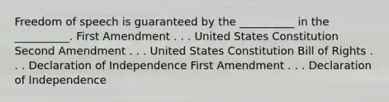 Freedom of speech is guaranteed by the __________ in the __________. First Amendment . . . United States Constitution Second Amendment . . . United States Constitution Bill of Rights . . . Declaration of Independence First Amendment . . . Declaration of Independence