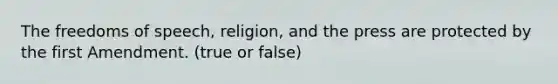 The freedoms of speech, religion, and the press are protected by the first Amendment. (true or false)