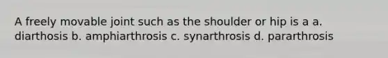 A freely movable joint such as the shoulder or hip is a a. diarthosis b. amphiarthrosis c. synarthrosis d. pararthrosis