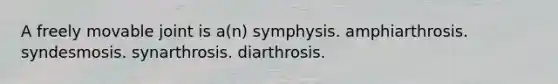 A freely movable joint is a(n) symphysis. amphiarthrosis. syndesmosis. synarthrosis. diarthrosis.