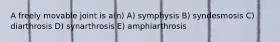 A freely movable joint is a(n) A) symphysis B) syndesmosis C) diarthrosis D) synarthrosis E) amphiarthrosis