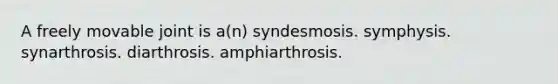 A freely movable joint is a(n) syndesmosis. symphysis. synarthrosis. diarthrosis. amphiarthrosis.