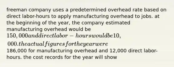 freeman company uses a predetermined overhead rate based on direct labor-hours to apply manufacturing overhead to jobs. at the beginning of the year, the company estimated manufacturing overhead would be 150,000 and direct labor-hours would be 10,000. the actual figures for the year were186,000 for manufacturing overhead and 12,000 direct labor-hours. the cost records for the year will show