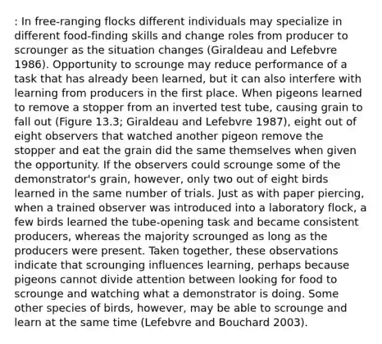 : In free-ranging flocks different individuals may specialize in different food-finding skills and change roles from producer to scrounger as the situation changes (Giraldeau and Lefebvre 1986). Opportunity to scrounge may reduce performance of a task that has already been learned, but it can also interfere with learning from producers in the first place. When pigeons learned to remove a stopper from an inverted test tube, causing grain to fall out (Figure 13.3; Giraldeau and Lefebvre 1987), eight out of eight observers that watched another pigeon remove the stopper and eat the grain did the same themselves when given the opportunity. If the observers could scrounge some of the demonstrator's grain, however, only two out of eight birds learned in the same number of trials. Just as with paper piercing, when a trained observer was introduced into a laboratory flock, a few birds learned the tube-opening task and became consistent producers, whereas the majority scrounged as long as the producers were present. Taken together, these observations indicate that scrounging influences learning, perhaps because pigeons cannot divide attention between looking for food to scrounge and watching what a demonstrator is doing. Some other species of birds, however, may be able to scrounge and learn at the same time (Lefebvre and Bouchard 2003).