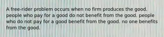 A free-rider problem occurs when no firm produces the good. people who pay for a good do not benefit from the good. people who do not pay for a good benefit from the good. no one benefits from the good.