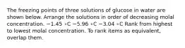 The freezing points of three solutions of glucose in water are shown below. Arrange the solutions in order of decreasing molal concentration. −1.45 ∘C −5.96 ∘C −3.04 ∘C Rank from highest to lowest molal concentration. To rank items as equivalent, overlap them.