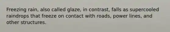 Freezing rain, also called glaze, in contrast, falls as supercooled raindrops that freeze on contact with roads, power lines, and other structures.