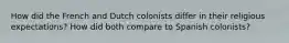 How did the French and Dutch colonists differ in their religious expectations? How did both compare to Spanish colonists?