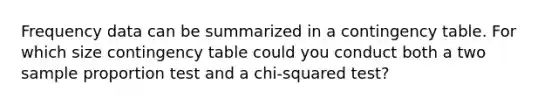 Frequency data can be summarized in a contingency table. For which size contingency table could you conduct both a two sample proportion test and a chi-squared test?