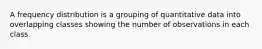 A frequency distribution is a grouping of quantitative data into overlapping classes showing the number of observations in each class.