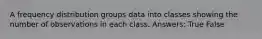 A frequency distribution groups data into classes showing the number of observations in each class. Answers: True False