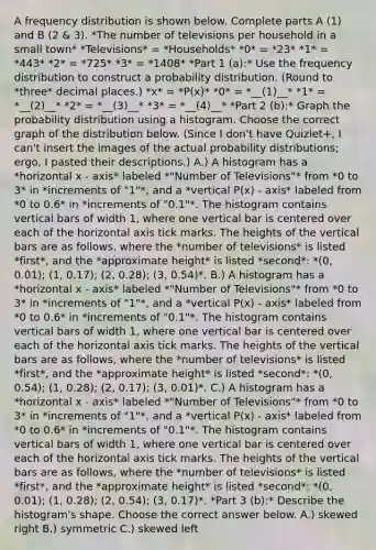 A frequency distribution is shown below. Complete parts​ A (1) and​ B (2 & 3). *The number of televisions per household in a small town* *Televisions* = *Households* *0* = *23* *1* = *443* *2* = *725* *3* = *1408* *Part 1 ​(a):* Use the frequency distribution to construct a probability distribution. (Round to *three* decimal places.) *x* = *P(x)* *0* = *__(1)__* *1* = *__(2)__* *2* = *__(3)__* *3* = *__(4)__* *Part 2 (b):* Graph the probability distribution using a histogram. Choose the correct graph of the distribution below. (Since I don't have Quizlet+, I can't insert the images of the actual probability distributions; ergo, I pasted their descriptions.) A.) A histogram has a *horizontal x - axis* labeled *"Number of Televisions"* from *0 to 3* in *increments of "1"*, and a *vertical P(x) - axis* labeled from *0 to 0.6* in *increments of "0.1"*. The histogram contains vertical bars of width 1, where one vertical bar is centered over each of the horizontal axis tick marks. The heights of the vertical bars are as follows, where the *number of televisions* is listed *first*, and the *approximate height* is listed *second*: *(0, 0.01); (1, 0.17); (2, 0.28); (3, 0.54)*. B.) A histogram has a *horizontal x - axis* labeled *"Number of Televisions"* from *0 to 3* in *increments of "1"*, and a *vertical P(x) - axis* labeled from *0 to 0.6* in *increments of "0.1"*. The histogram contains vertical bars of width 1, where one vertical bar is centered over each of the horizontal axis tick marks. The heights of the vertical bars are as follows, where the *number of televisions* is listed *first*, and the *approximate height* is listed *second*: *(0, 0.54); (1, 0.28); (2, 0.17); (3, 0.01)*. C.) A histogram has a *horizontal x - axis* labeled *"Number of Televisions"* from *0 to 3* in *increments of "1"*, and a *vertical P(x) - axis* labeled from *0 to 0.6* in *increments of "0.1"*. The histogram contains vertical bars of width 1, where one vertical bar is centered over each of the horizontal axis tick marks. The heights of the vertical bars are as follows, where the *number of televisions* is listed *first*, and the *approximate height* is listed *second*: *(0, 0.01); (1, 0.28); (2, 0.54); (3, 0.17)*. *Part 3 (b):* Describe the​ histogram's shape. Choose the correct answer below. A.) skewed right B.) symmetric C.) skewed left